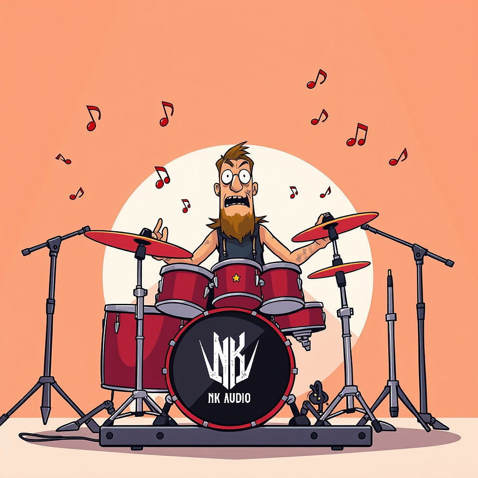 A cartoon heavy metal drummer is being funny while playing drums.
