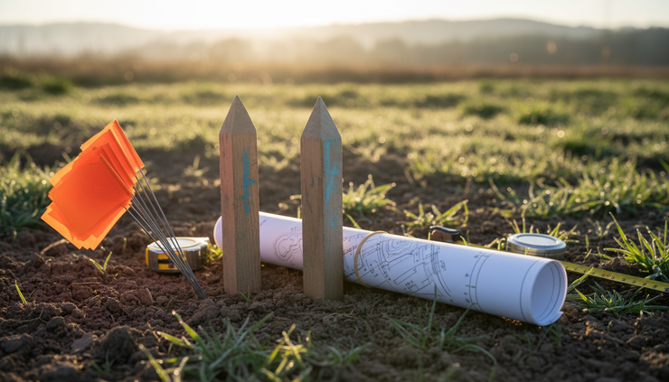 Close-up view of survey flags and a rolled site plan on a patch of undeveloped ground.