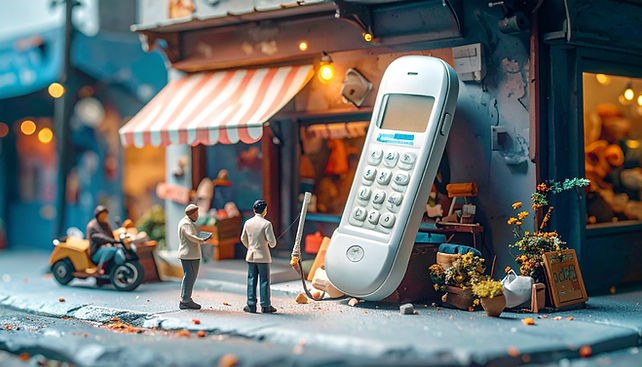 Firefly_miniature business owners in front of their store establishing contact to main com