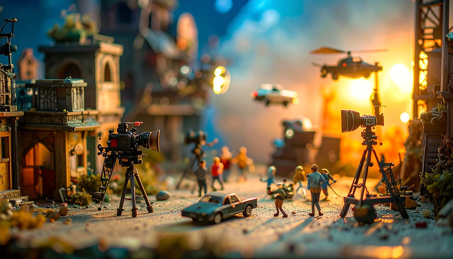 Firefly_miniature shooting set, miniature artists shooting cinema, film lights, cars flyin