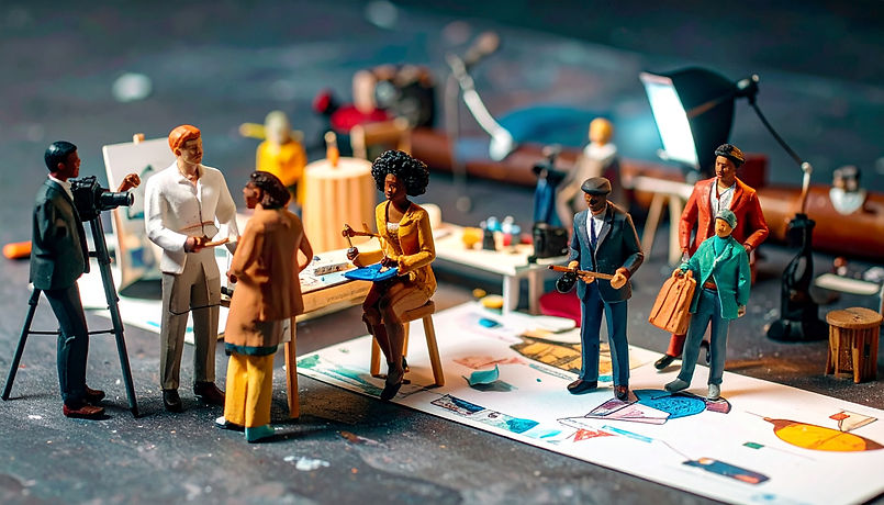Firefly_group of male and female miniature artists, designers, business strategists, film