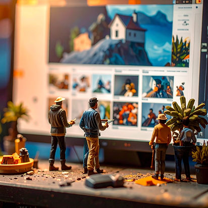 Firefly_Miniature artists & designer building website in giant screen, carrying a placing