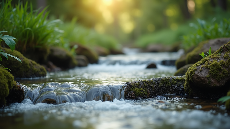 Close-up view of a serene nature scene with a flowing stream