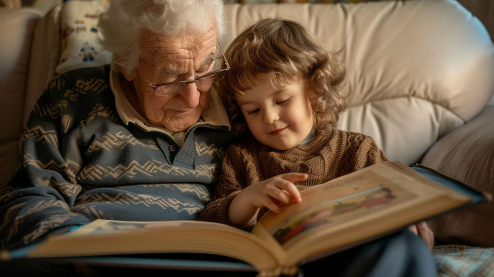 Moment de partage intergénérationnel autour des souvenirs — illustration.