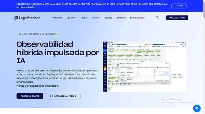 Página principal de LogicMonitor, plataforma de monitoreo automatizado para redes y sistemas