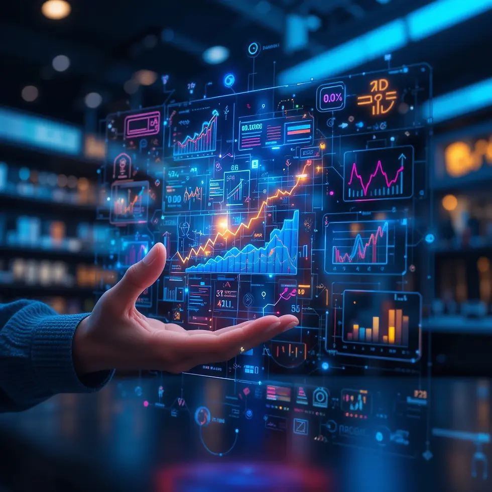 Interfaz de comercio electrónico moderna con inteligencia artificial recomendando productos personalizados y mostrando estadísticas de aumento de ventas.