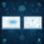 Gráficos y pantallas conceptuales representando la comparación entre plataformas de desarrollo de IA como TensorFlow y PyTorch, con énfasis en machine learning y deep learning