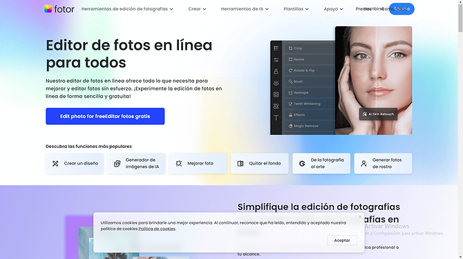Captura de Fotor, editor de fotos en línea con herramientas de diseño y creación