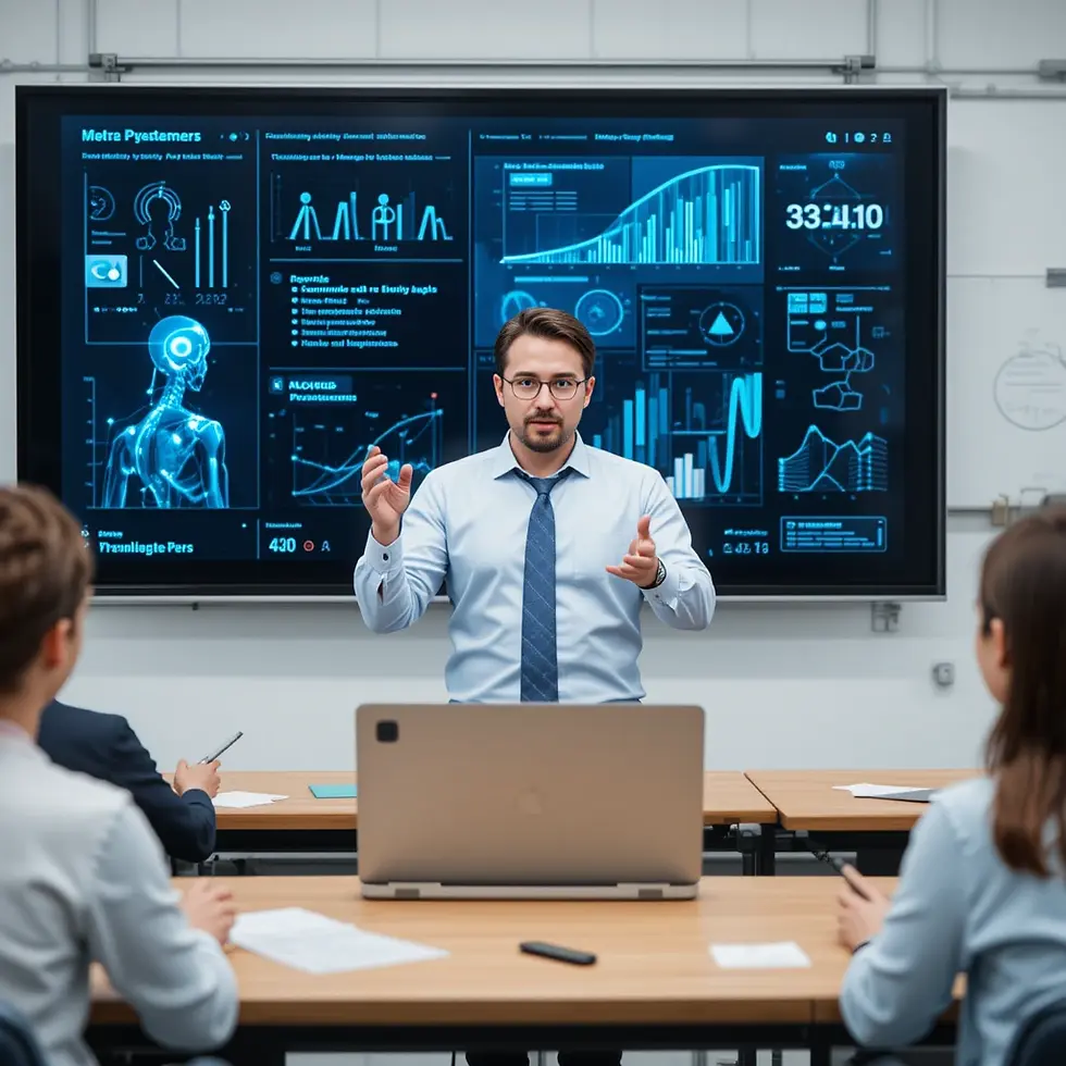 Profesor usando asistente virtual de IA en aula moderna, con gráficos de aprendizaje y recomendaciones personalizadas en pantalla