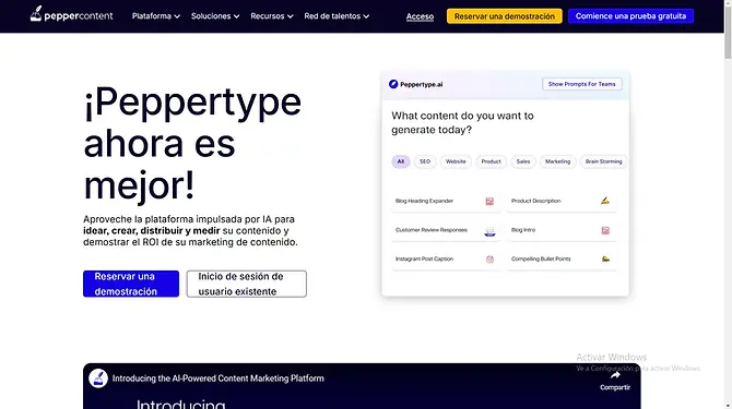 Captura de Peppertype, plataforma de creación de contenido con IA para marketing