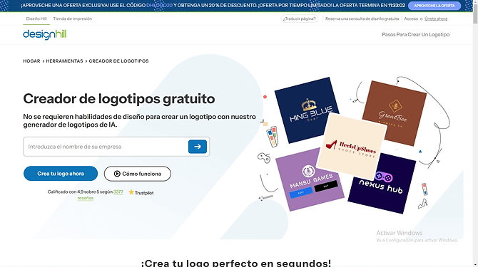 Vista de Designhill Logo Maker, generador de logotipos profesional con IA