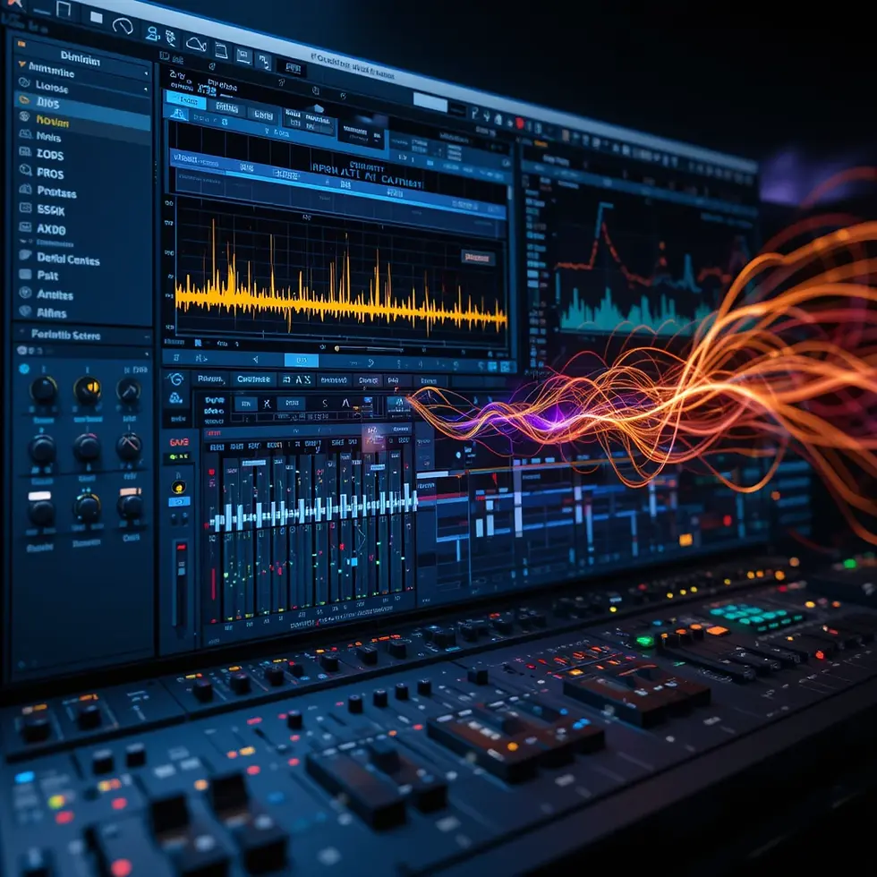 Producción musical con IA: interfaz de software de mezcla de sonido y análisis de audio avanzado