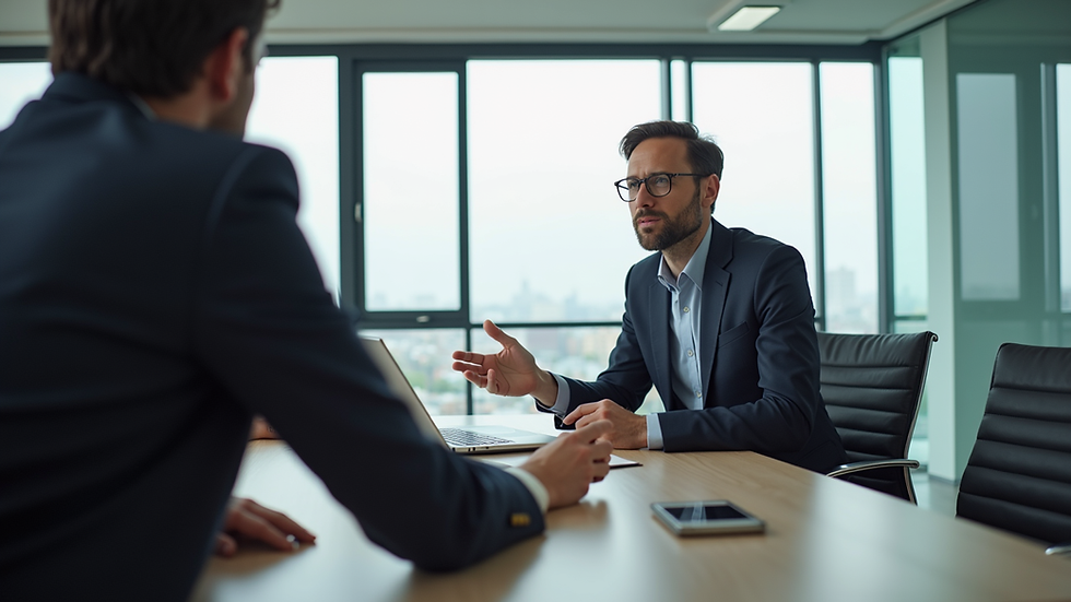 Eye-level view of a business meeting room with a coach and executive discussing strategies