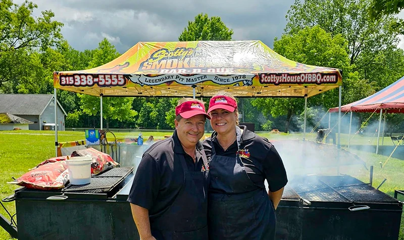 Restaurant pop up canopies used for BBQ service and outdoor food booths at events.