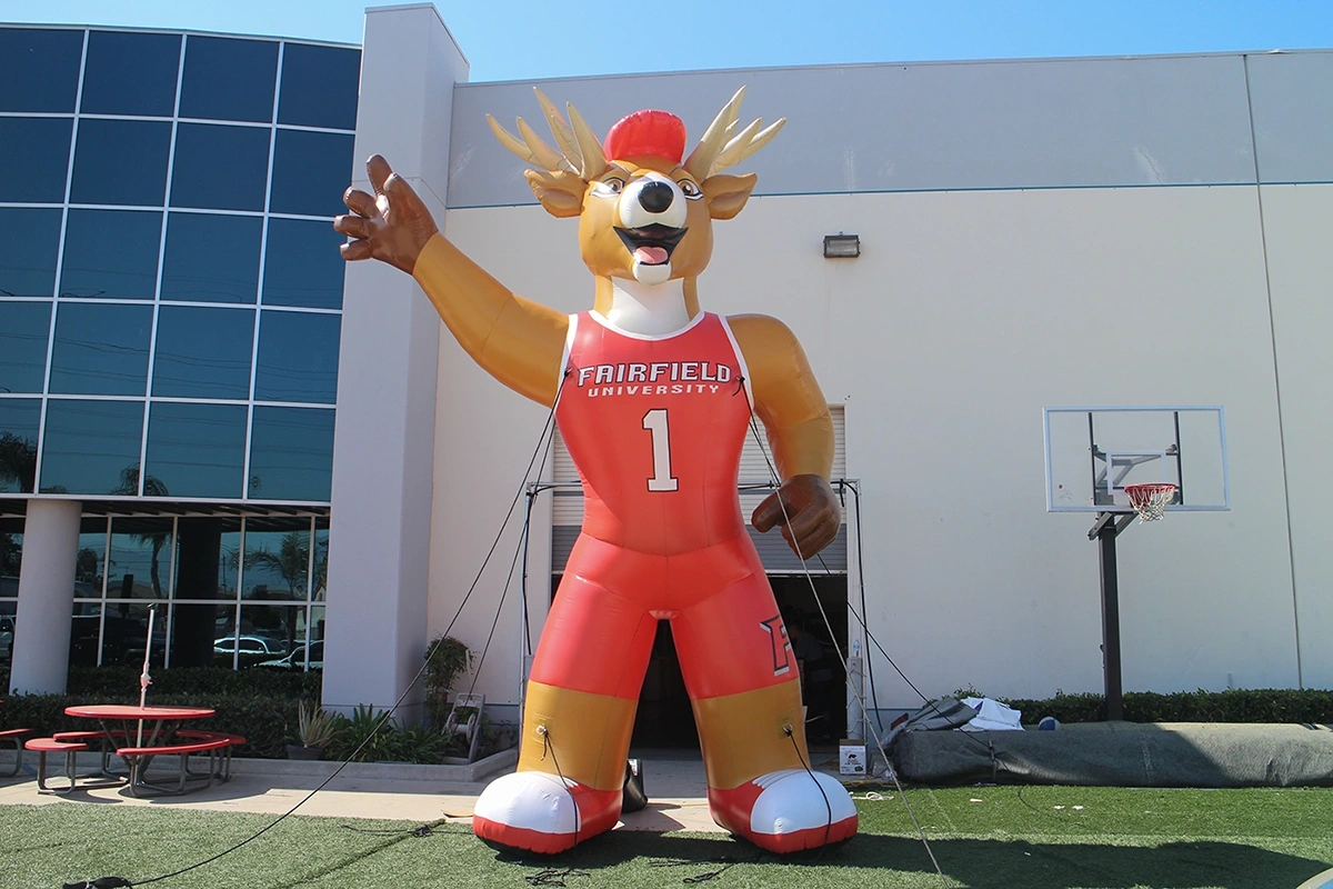 Oversized inflatable version of Lucas the Stag, Fairfield University’s beloved mascot, used to energize sports games, campus rallies, and alumni events.
