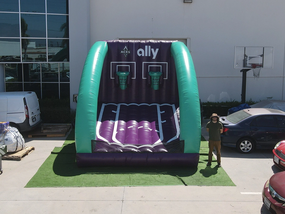 Inflatable basketball shooting game with branded backboards designed for interactive sports events