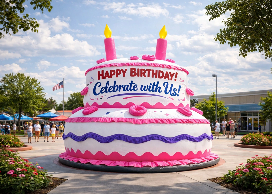 Giant inflatable birthday cake rental set up outdoors with a “Happy Birthday” banner in a public event setting.table Birthday Cake Rental for Public Events