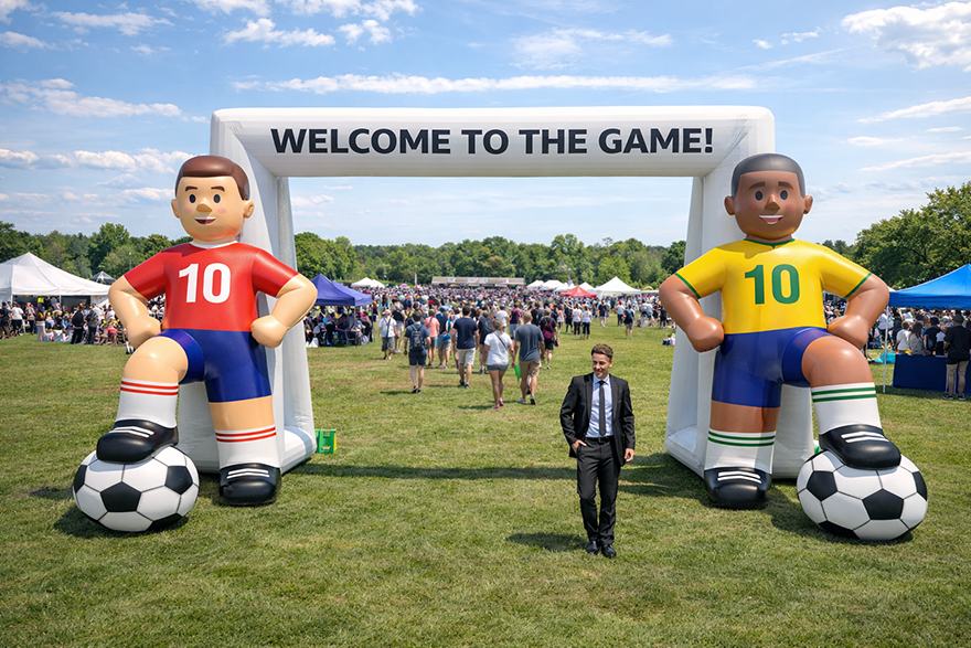 Inflatable entrance arch with two giant soccer player inflatables on a festival field, set up for a soccer tournament fan zone.