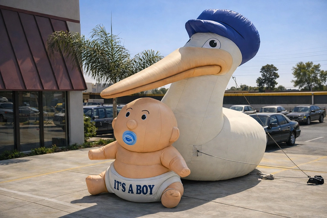 Custom giant inflatable baby prop installed outdoors alongside themed inflatable display elements