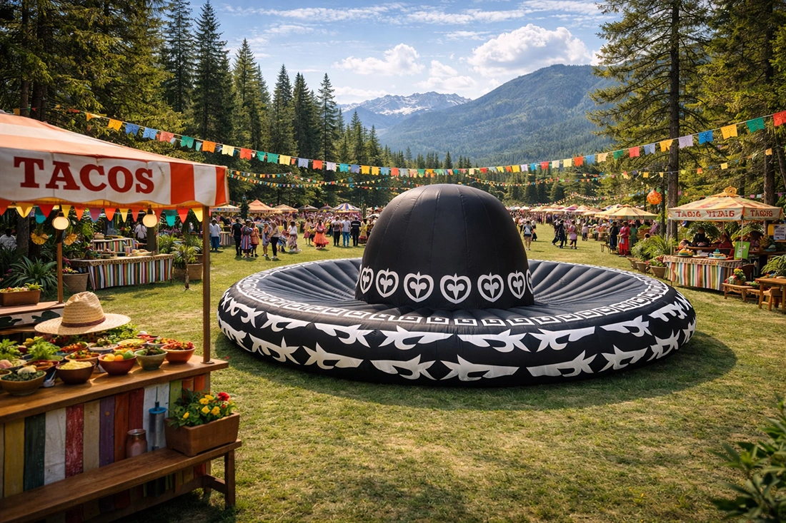 Giant inflatable sombrero event prop installed on grass at an outdoor festival with vendor booths and people in the background.