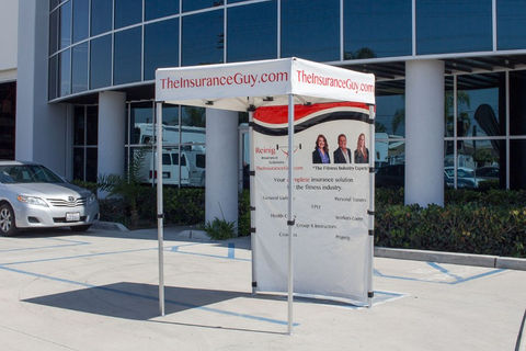 Custom 5x5 canopy tent for The Insurance Guy with full branding for outdoor industry event