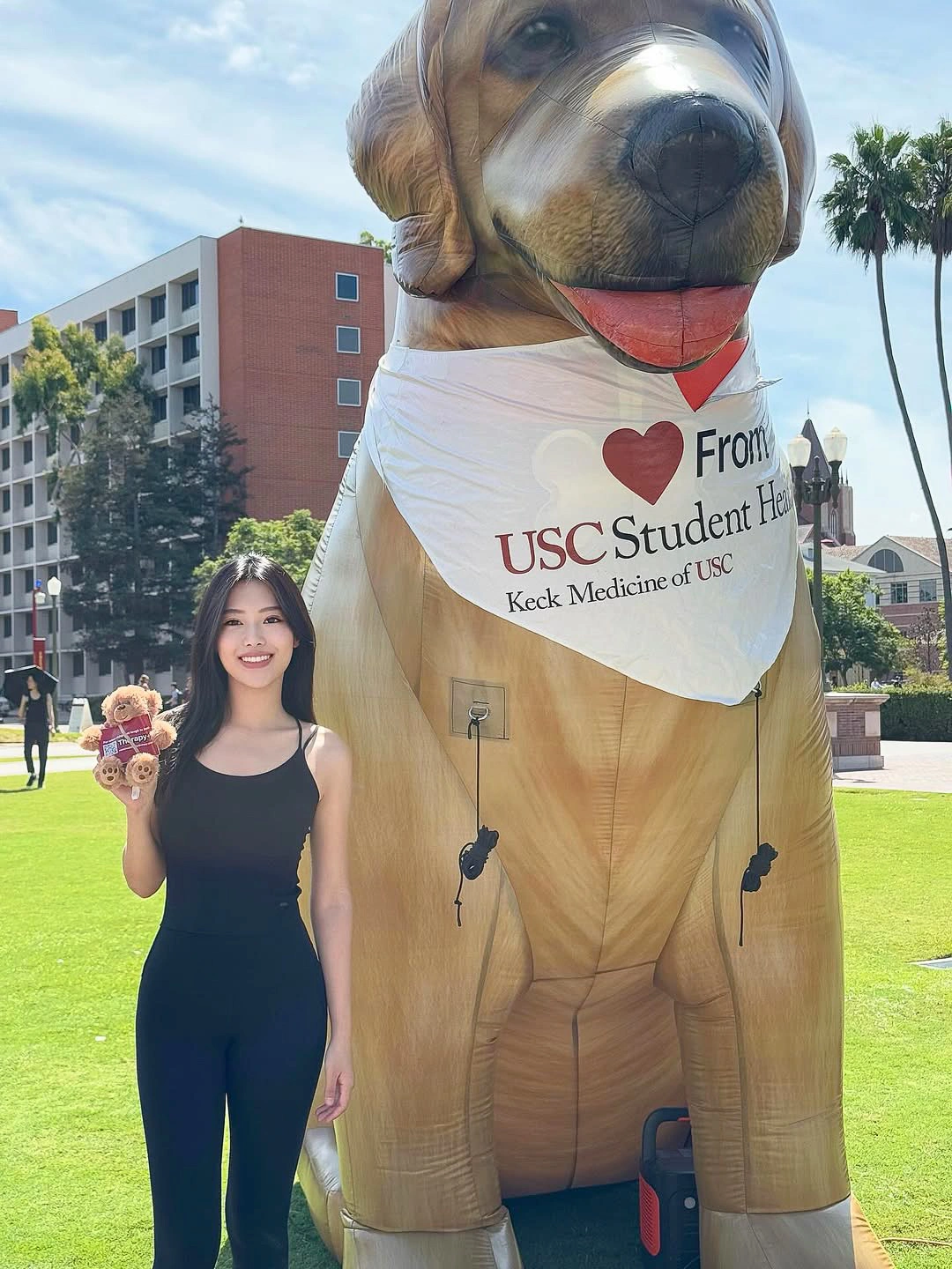 A giant inflatable dog with custom branding for USC, used during campus awareness campaigns and outreach events.