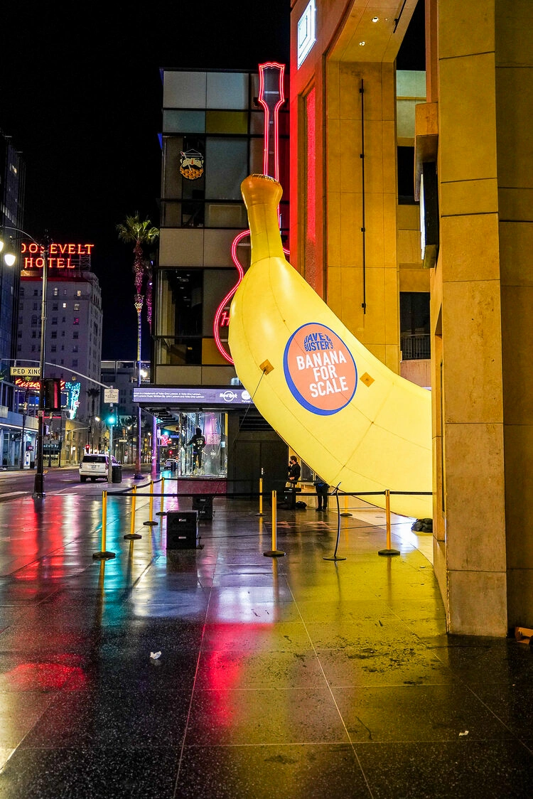 Giant inflatable banana display set up outside an entertainment venue entrance at night with stanchions around the footprint.