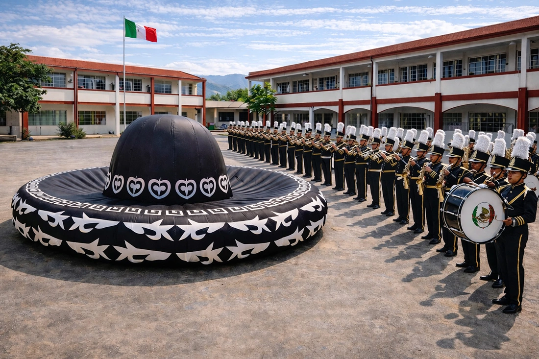 Inflatable mariachi sombrero placed in a school courtyard with a marching band standing in formation nearby.