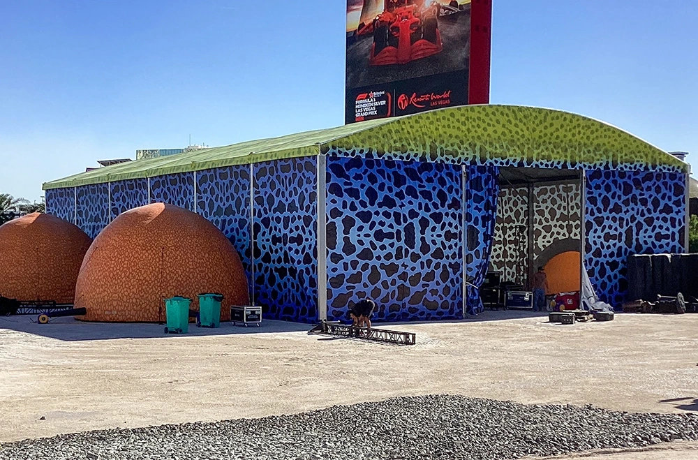 Custom 50x80 ft high-ceiling structure tent with decorative printed exterior for events and exhibitions.