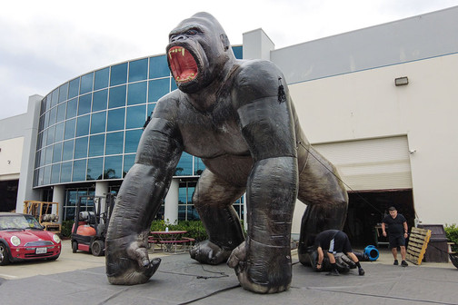 Realistic giant inflatable gorilla shown from the side as a large outdoor ground display.