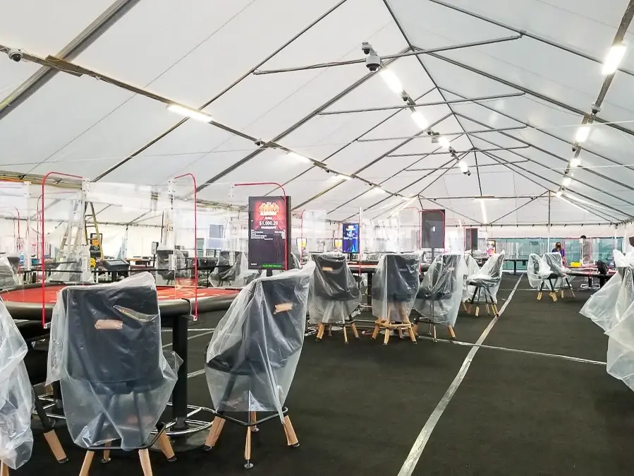 Clearspan event structure serving as indoor venue with seating