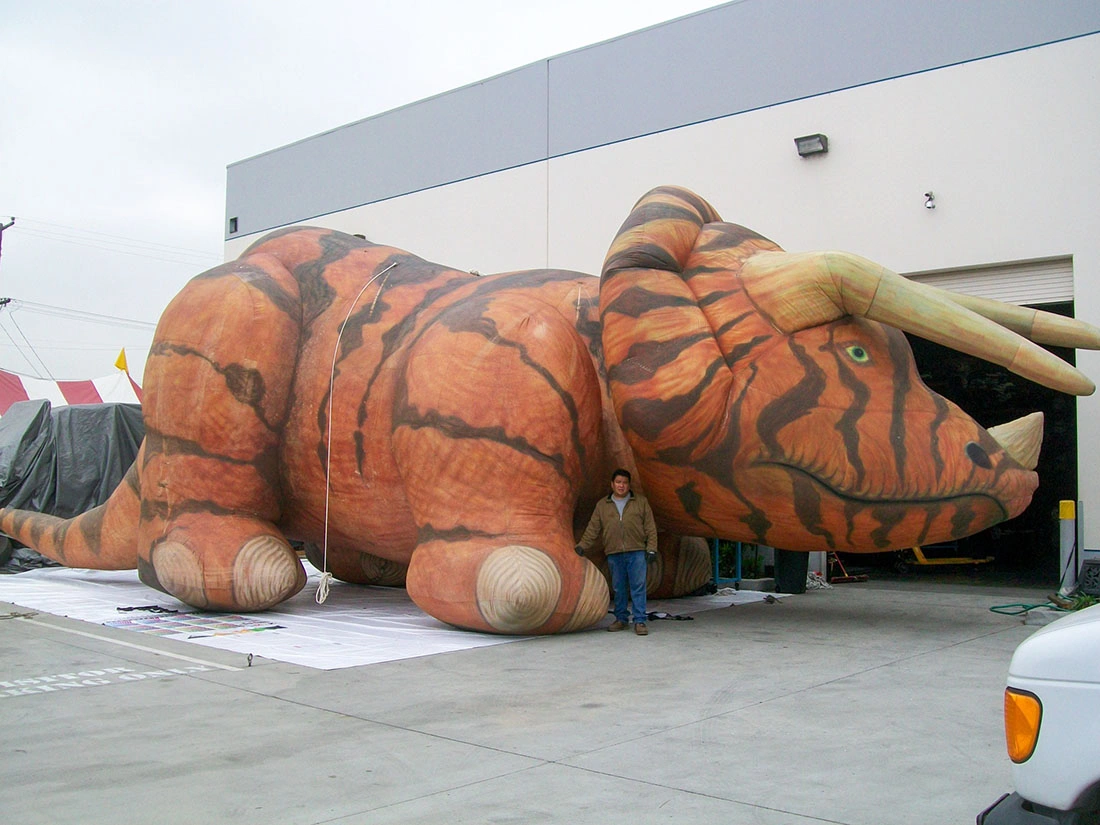 Close front angle of a large inflatable triceratops with horns, sized for event visibility
