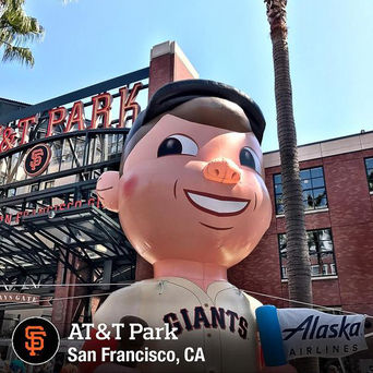 Giant inflatable baseball mascot displayed outside AT&T Park in San Francisco.
