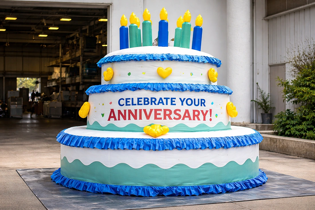 Inflatable cake rental with “Celebrate Your Anniversary” banner and candles staged outdoors near a warehouse entrance.
