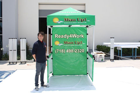 Green 5x5 vendor canopy tent branded for Ready4Work recruitment and event marketing
