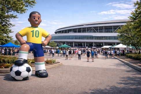 Giant inflatable soccer player display near a stadium entrance with tournament crowd and vendor tents in the background.
