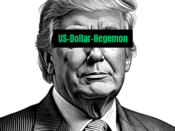 Vektorgrafik von Donald Trump mit schwarzem Balken ueber den Augen mit der Aufschrift US-Dollar-Hegemon