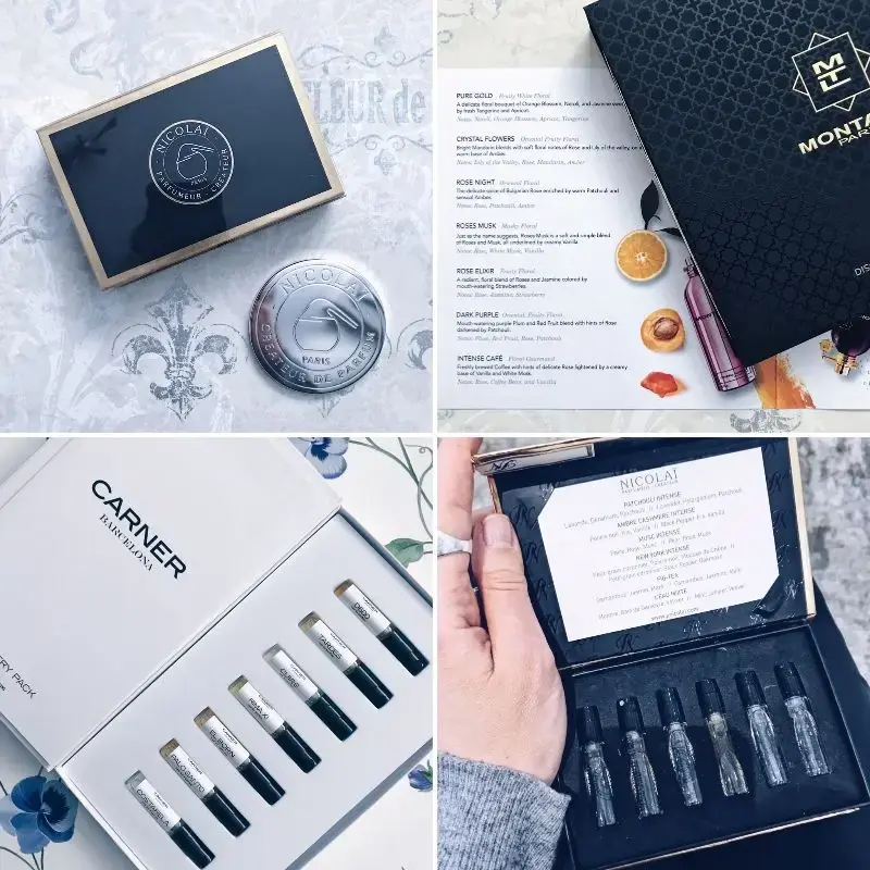 Collage of niche perfume discovery sets with sample boxes and travel sprays from La Parfumerie USA, featuring Nicolai, Montale, and Carner Barcelona fragrance collections.