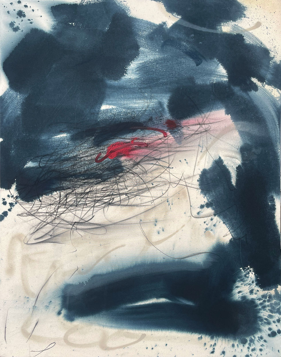 Miniature : Abstract painting “Wuthering Surge II” with deep indigo gradients, graphite marks, and a sharp red stroke on raw canvas