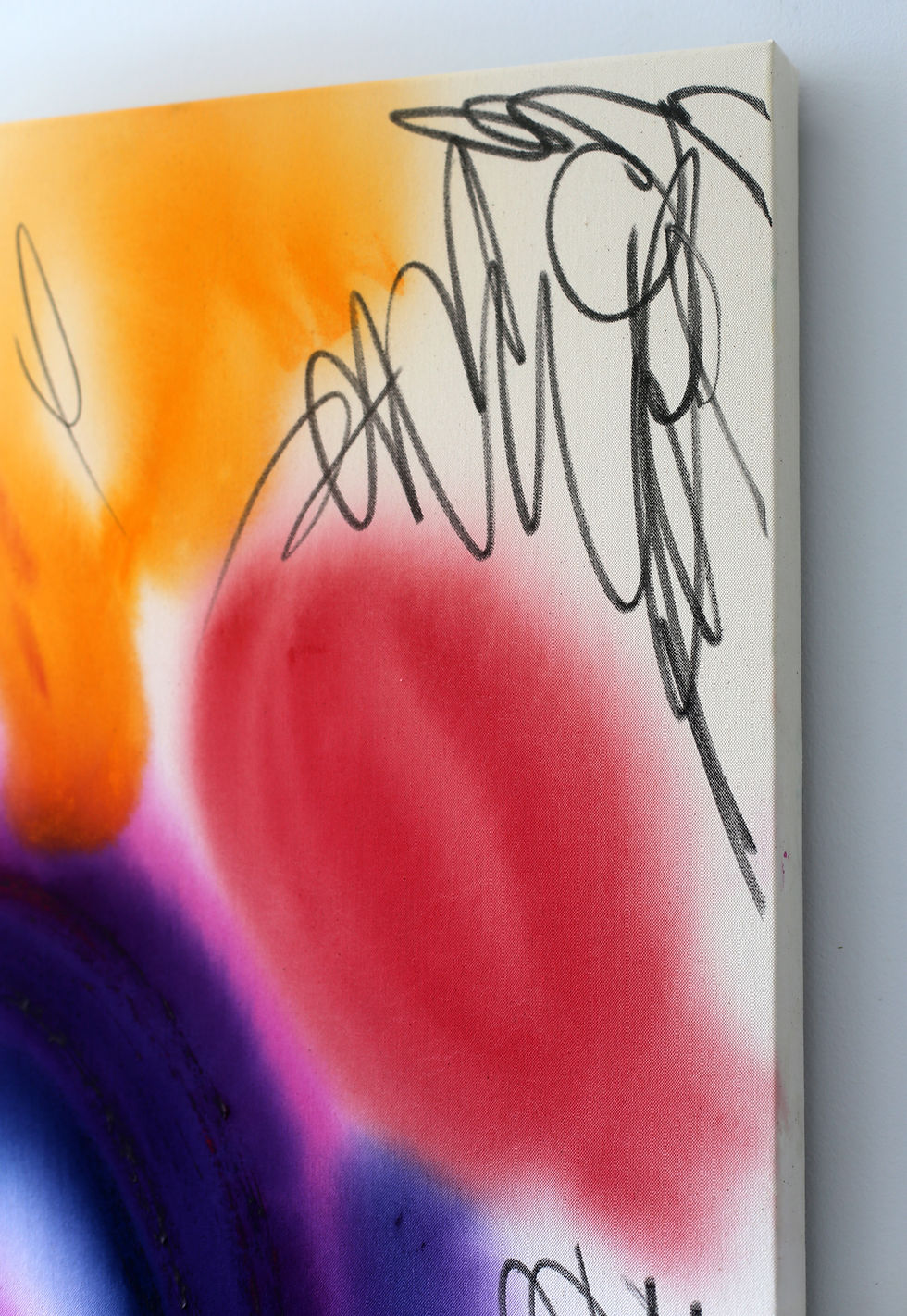 Miniature : Zoomed-in detail of Colorful Whimsy – rich blending of purple, red, and golden tones on canvas