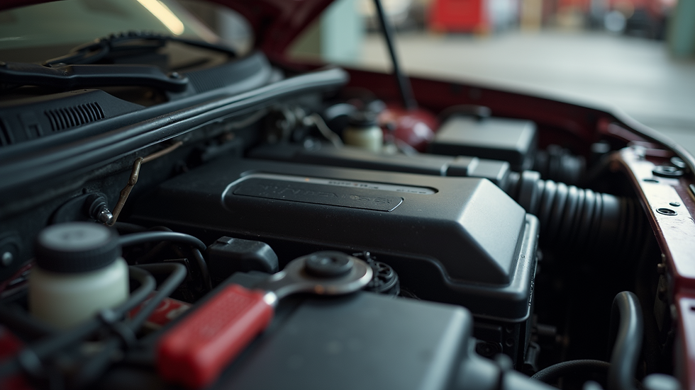 Close-up view of a car engine with tools nearby