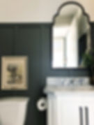 Lisa Clark Design Interior Design Steinbach Winnipeg Manitoba powder room hexagon floor green wall panelling marble countertop top