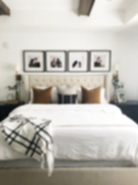 Lisa Clark Design Interior Design Steinbach Winnipeg Manitoba master bedroom king bed white linen brass sconces beams