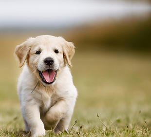 Szczeniak psa rasy Golden Retriever biegnący w Twoim kierunku po trafie z uśmiechniętym pyszczkiem.