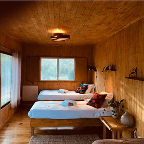 Two single beds facing a large window in a wood-paneled bedroom