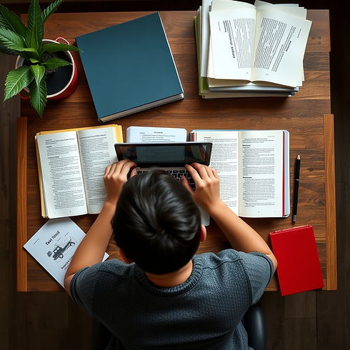 A student studying at a desk with books and a laptop open.jpg