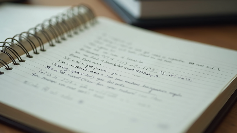 Close-up view of a notebook with notes and corrections from a mock test