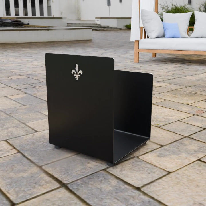 Miniature : Porte-bûches robuste en acier noir pour intérieur/extérieur avec emblème du Québec