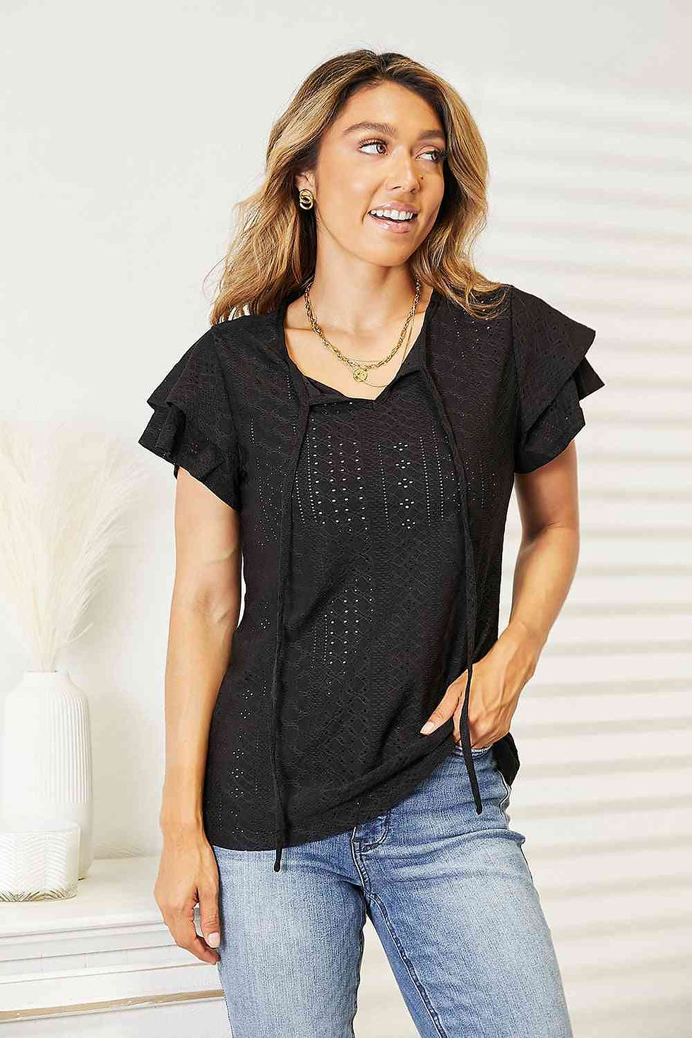 Thumbnail: Chic Eyelet Flutter Sleeve Blouse