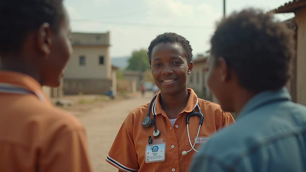 Eye-level view of a community health worker engaging with local residents